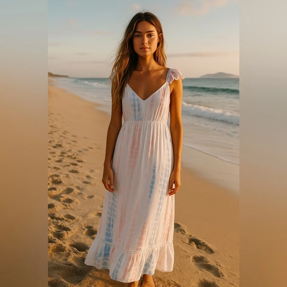 Japna White Maxi Dress with Pink and Blue Tie-Dye Accents - Picture 1 of 4